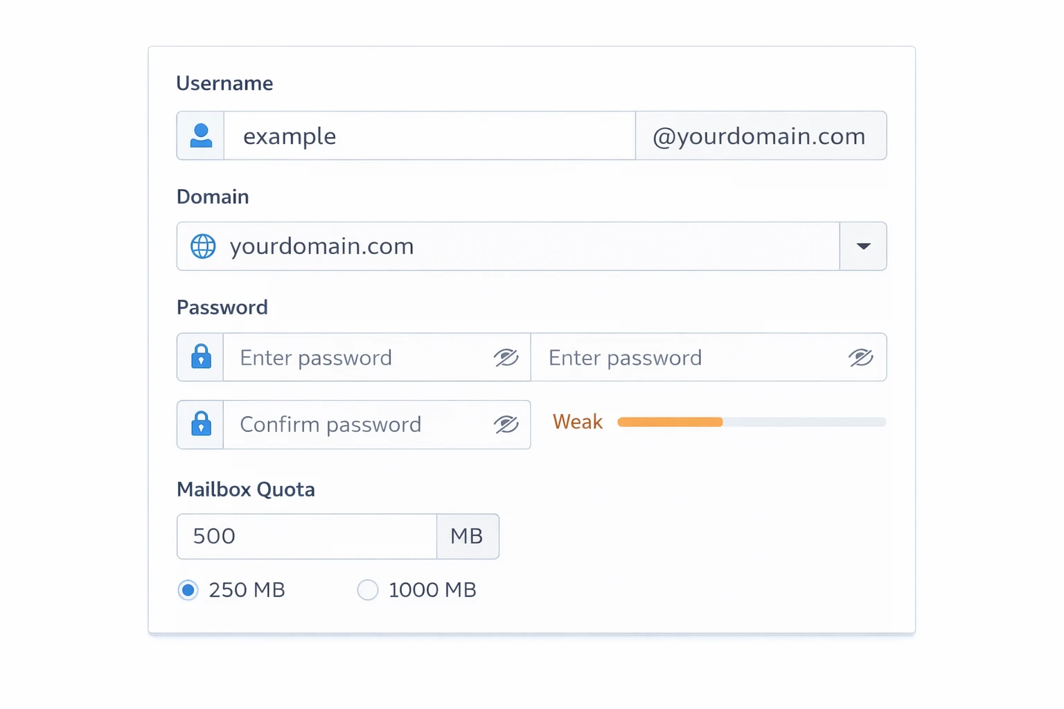 Email account creation form