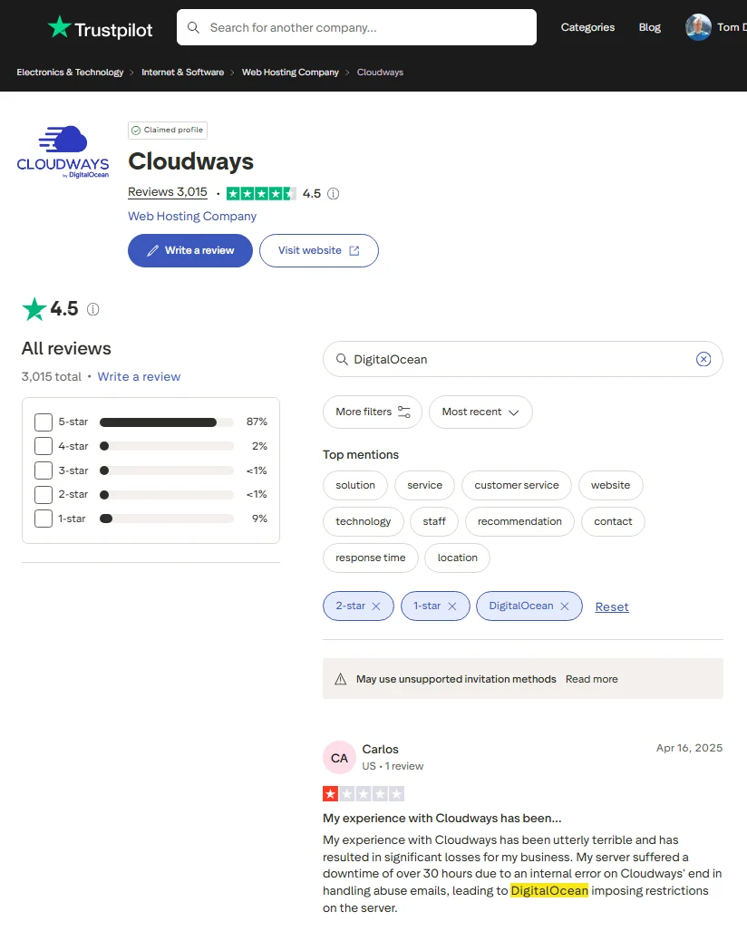 Cloudways Trustpilot reviews