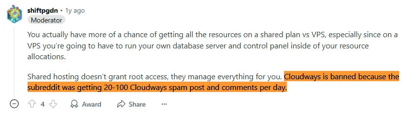 Cloudways banned from subreddit