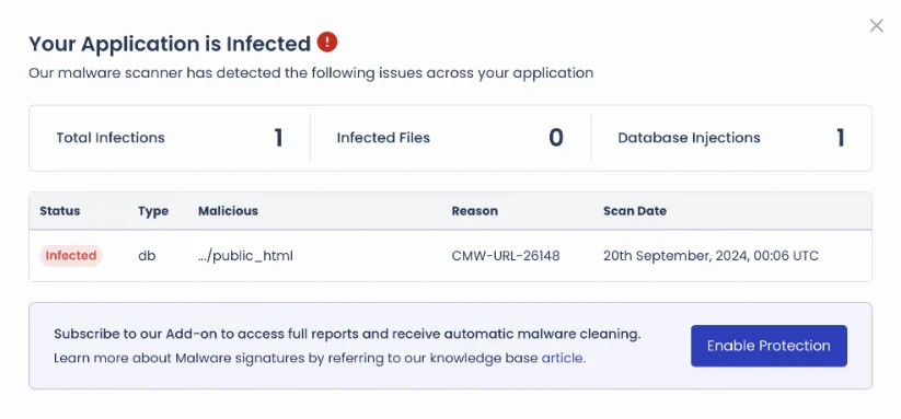 Cloudways malware alert example