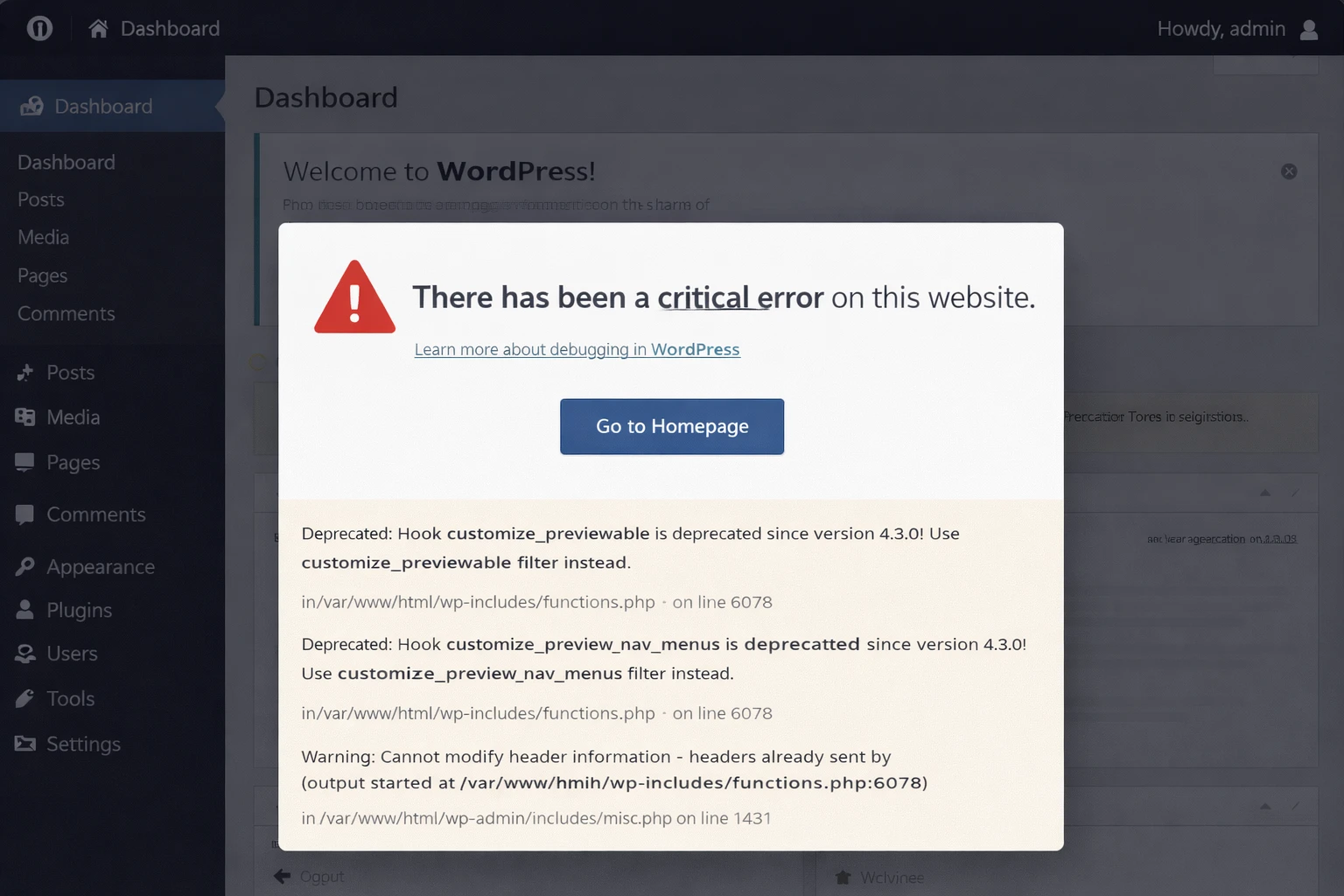 Broken WordPress dashboard