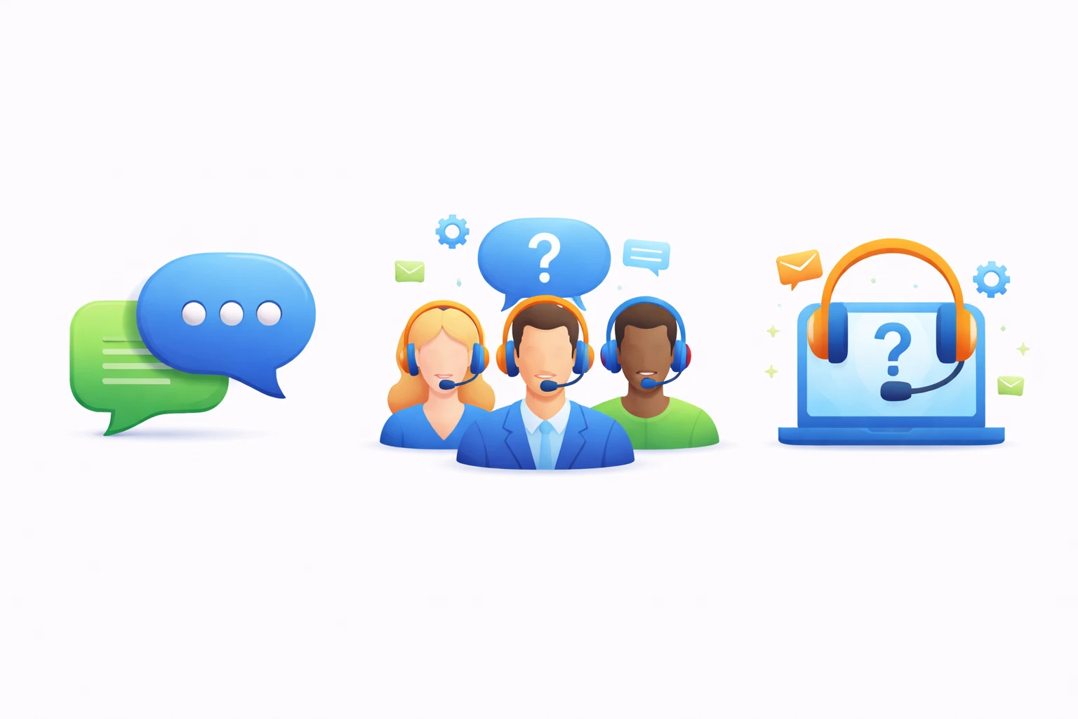 Support team icons, chat bubbles, or help desk graphic.