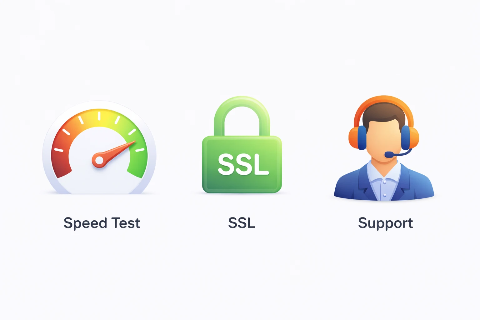 Speed test graphic, SSL lock, support agent icon.