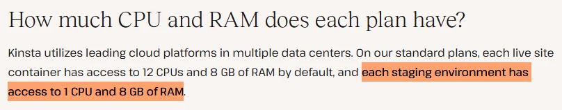 Kinsta CPU and RAM allocation for live and staging environments