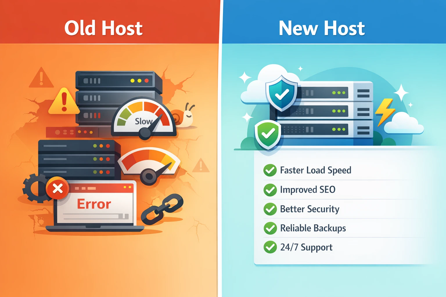 Split graphic showing Old host side by side with New host and a checklist of fixed items.