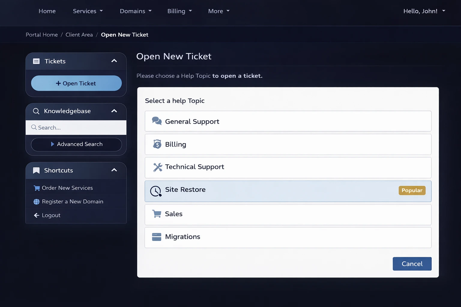 Open support ticket interface
