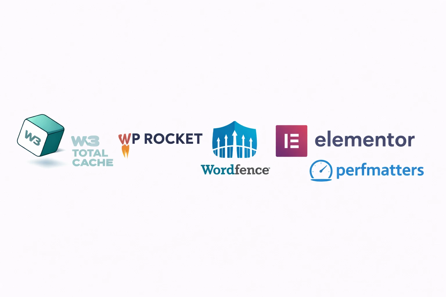 Logos of W3 Total Cache, WP Rocket, Wordfence, Elementor, and Perfmatters.