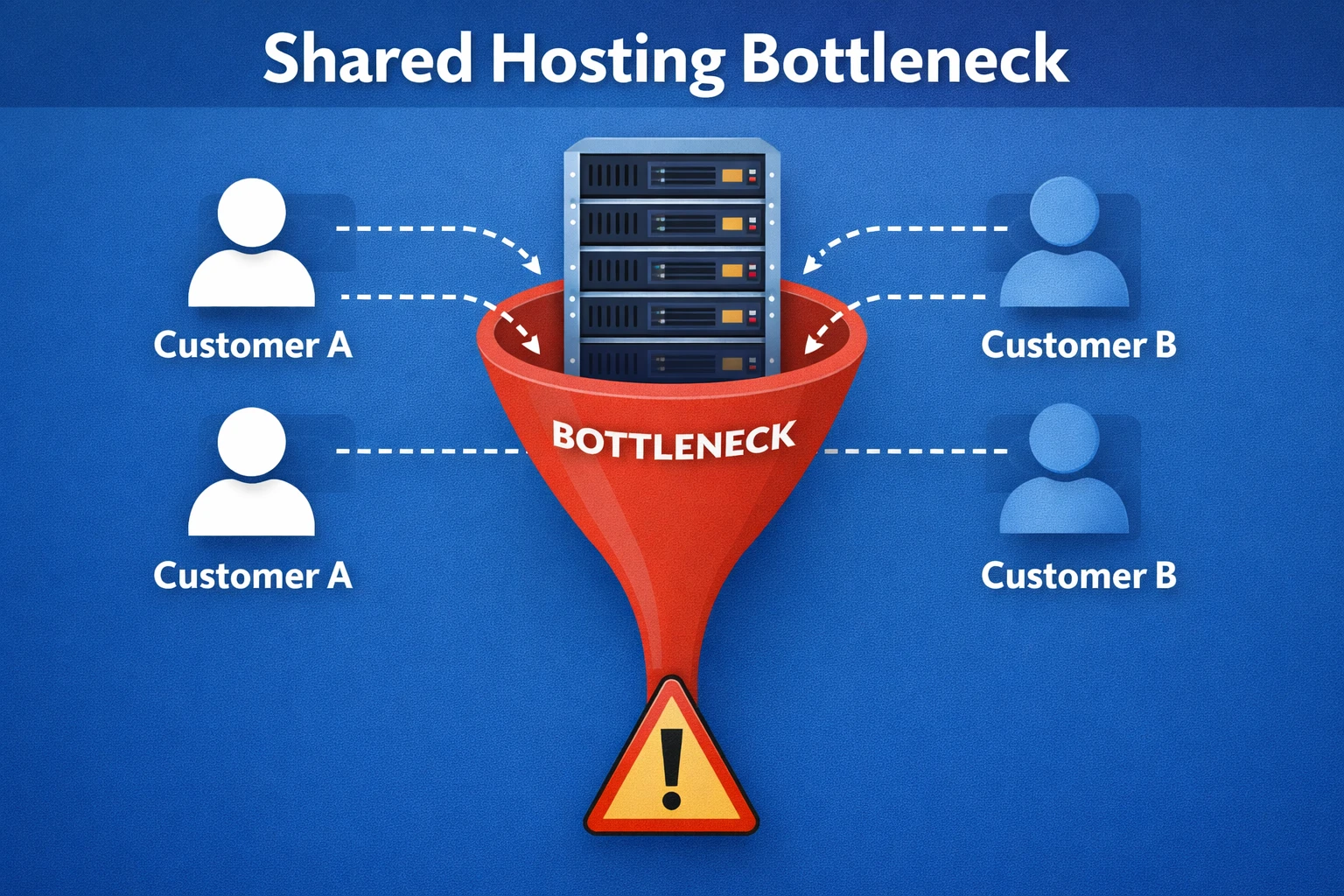 Diagram showing how multiple websites compete for the same shared hosting resources, creating CPU, memory, and disk bottlenecks.