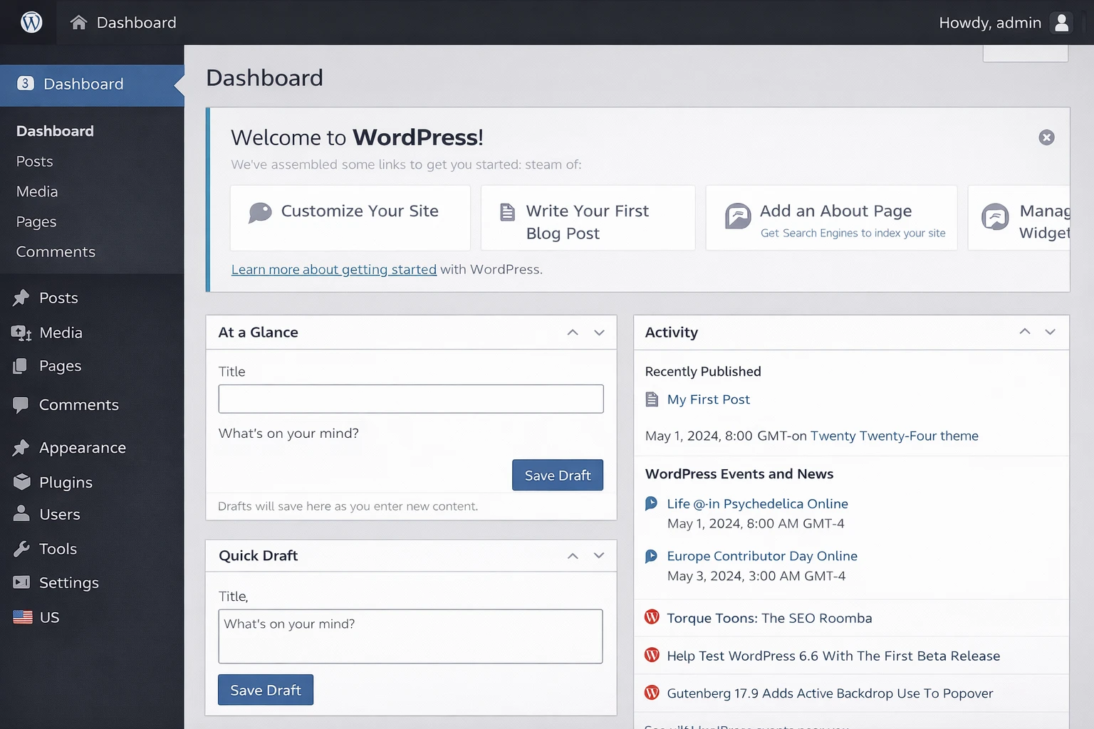 Working WordPress dashboard