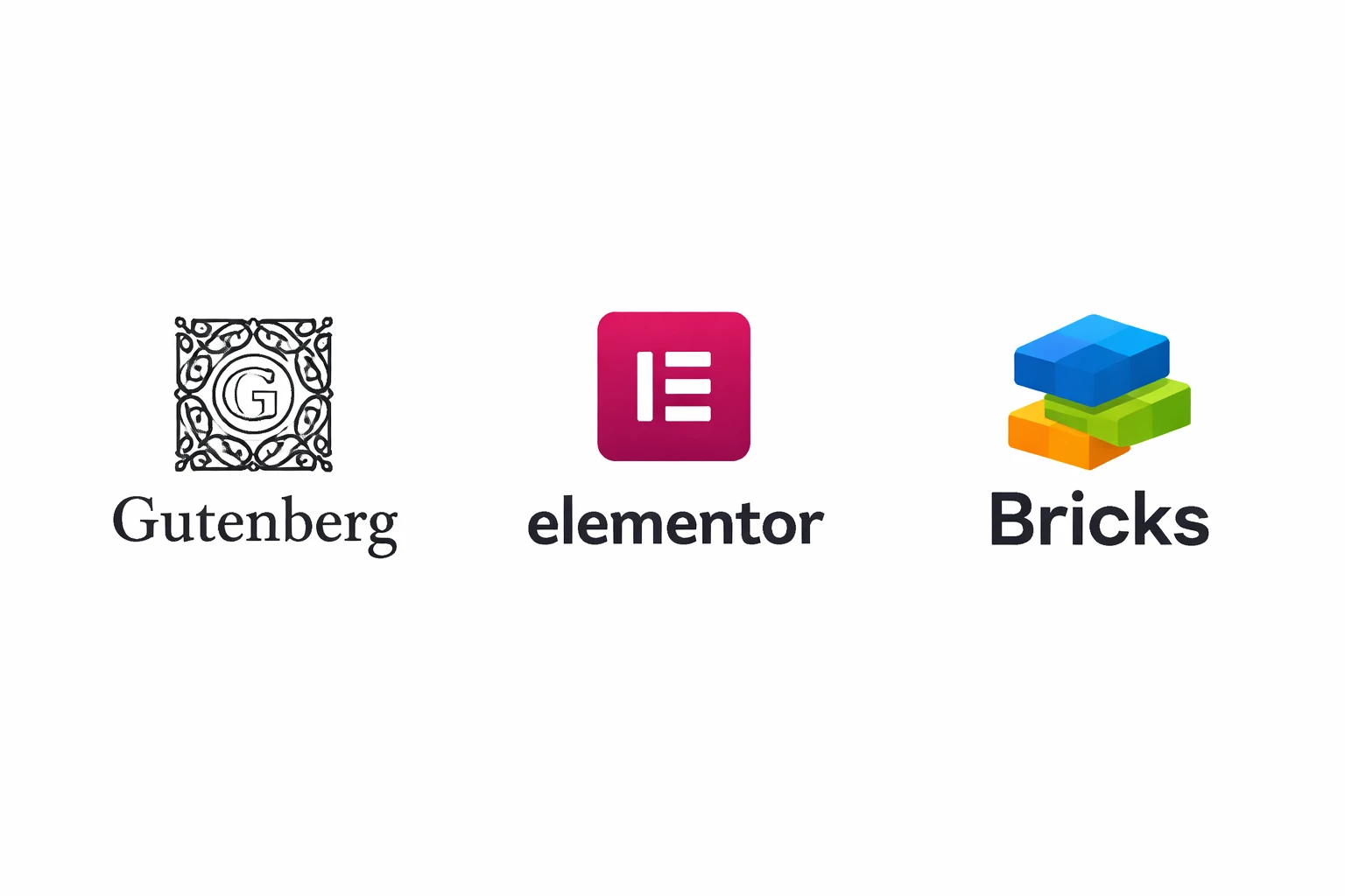 Gutenberg, Elementor, and Bricks builder logos.