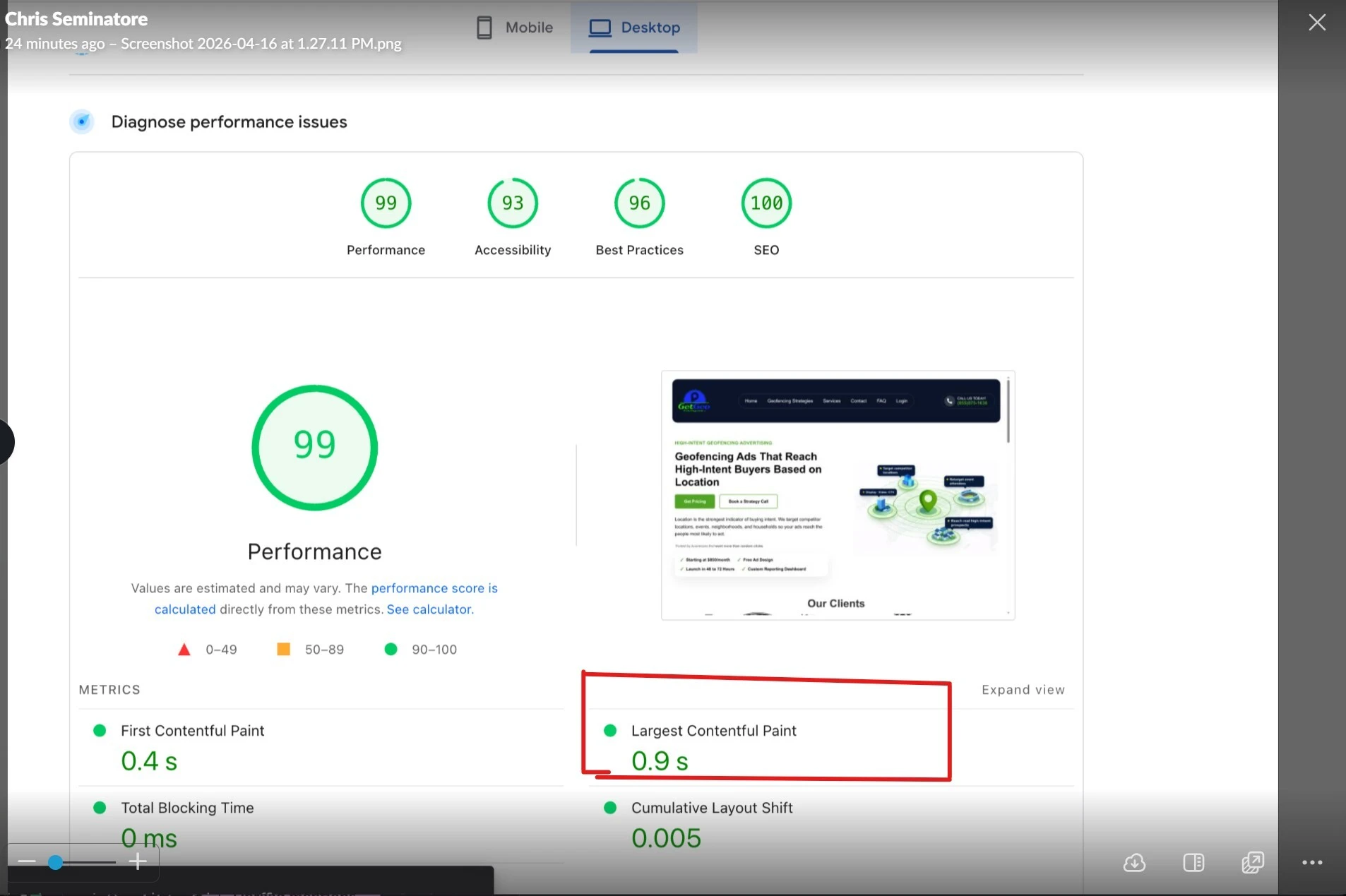 GetGeoFencing after desktop PageSpeed score