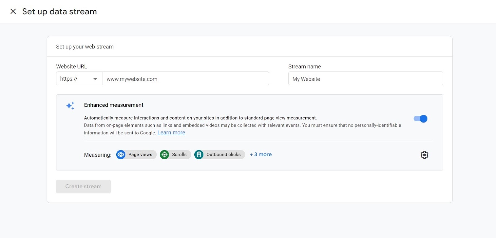 Google Analytics account setup screen